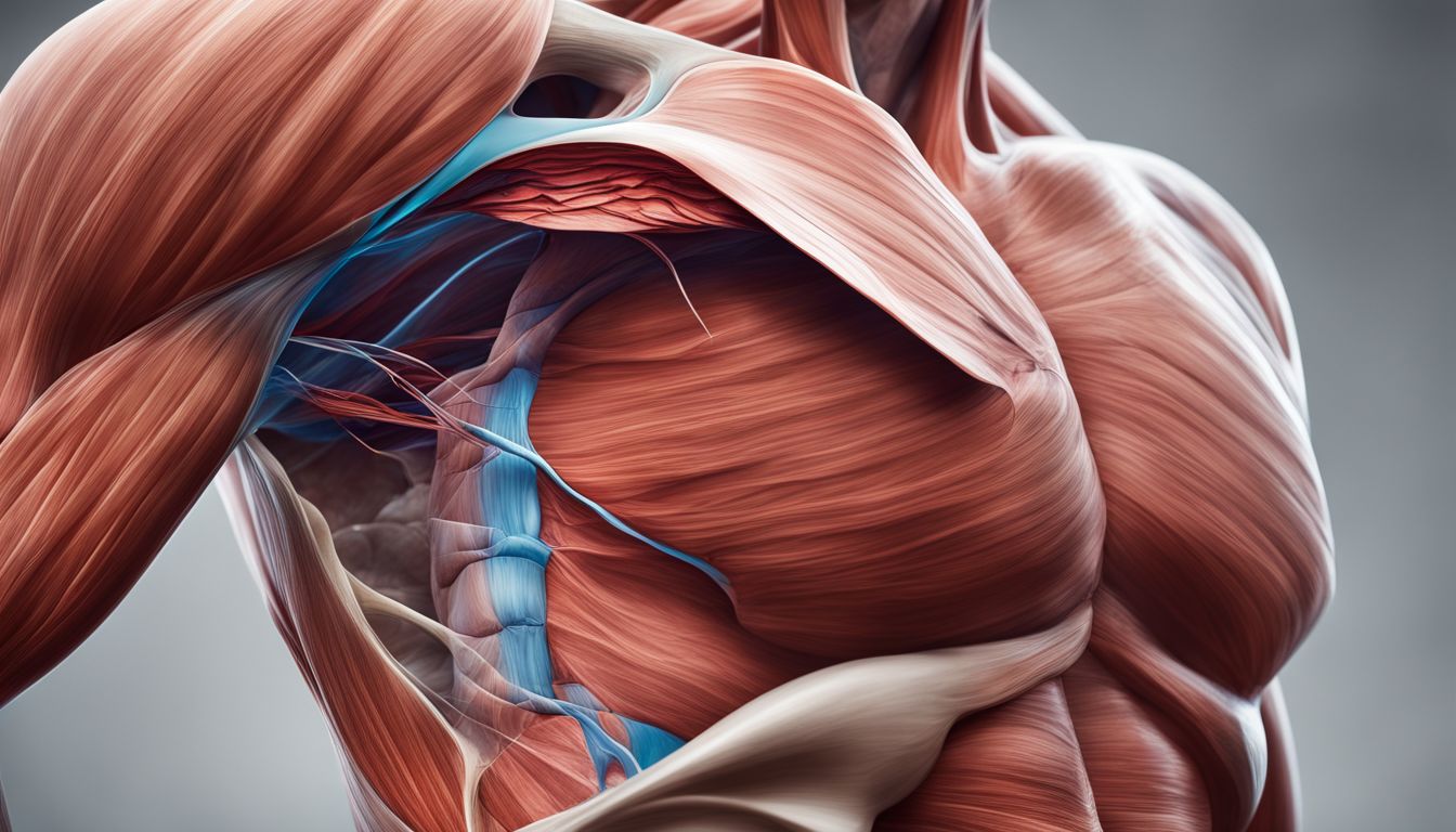 Anatomiczny diagram mięśnia zewnętrznego skośnego otoczony ludzkim brzuchem.