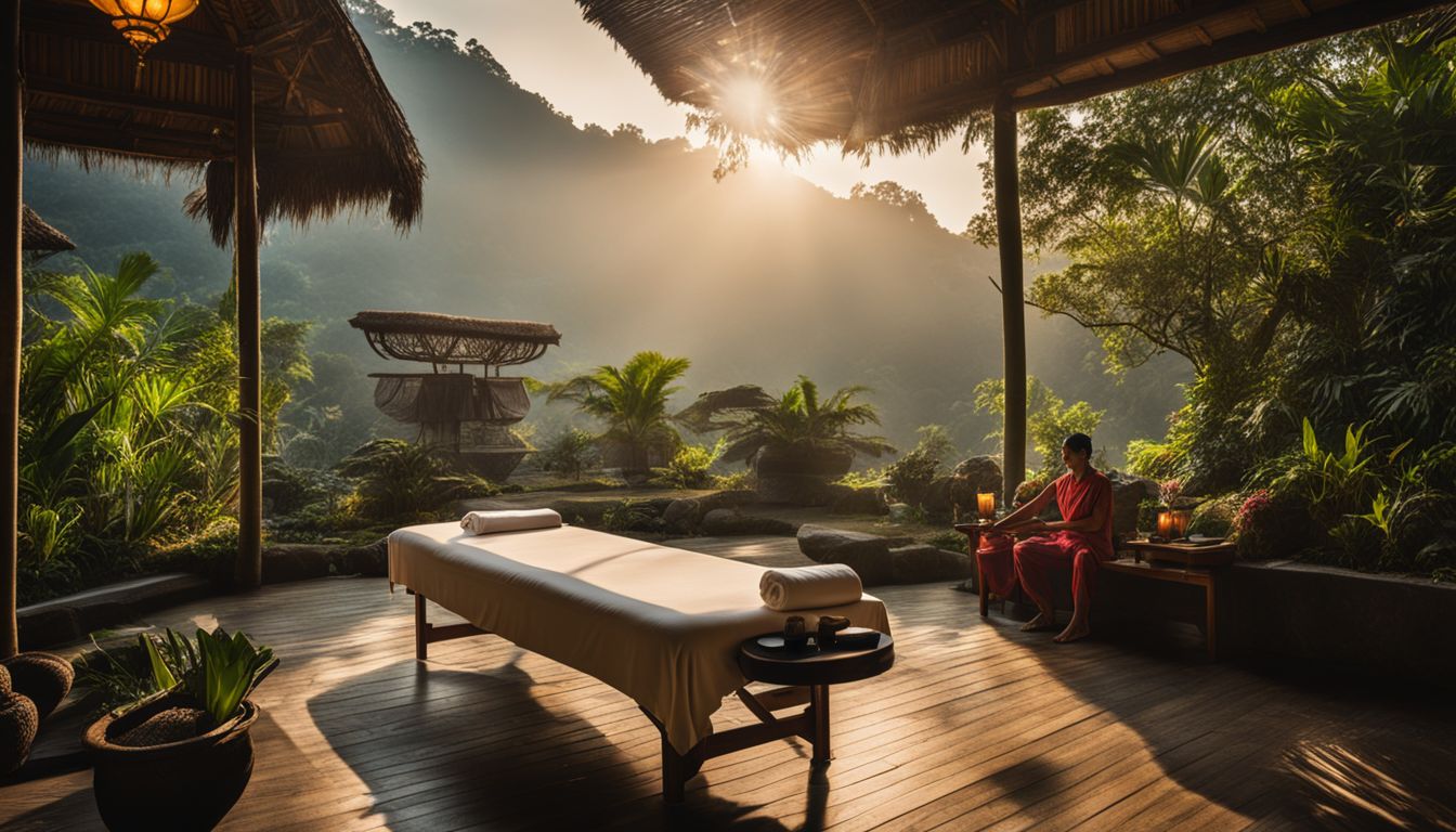 Ujęcie serene Balinese massage setting in tranquil spa garden.