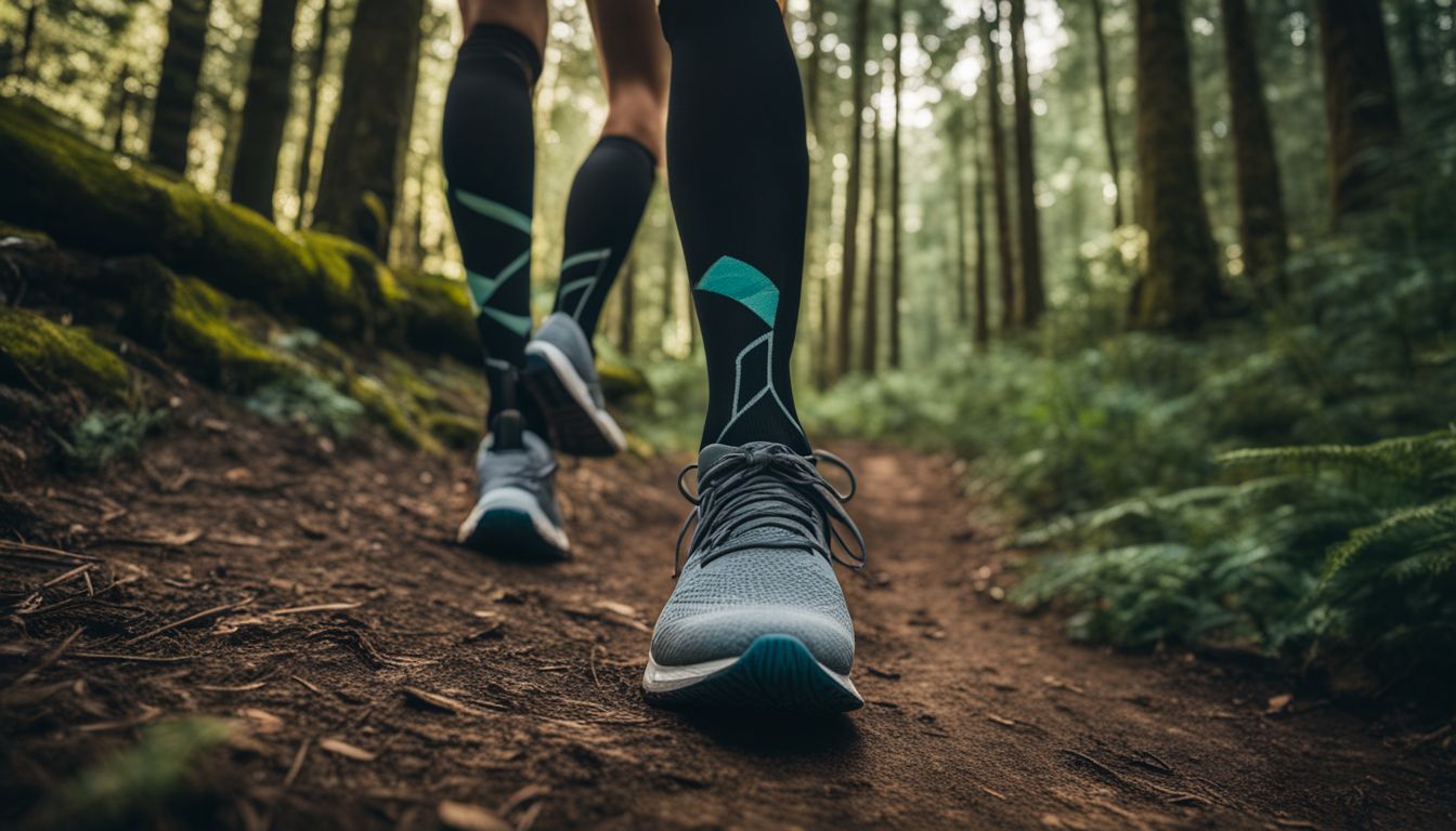 Zdjęcie skarpet kompresyjnych na ścieżce do biegania w lesie.