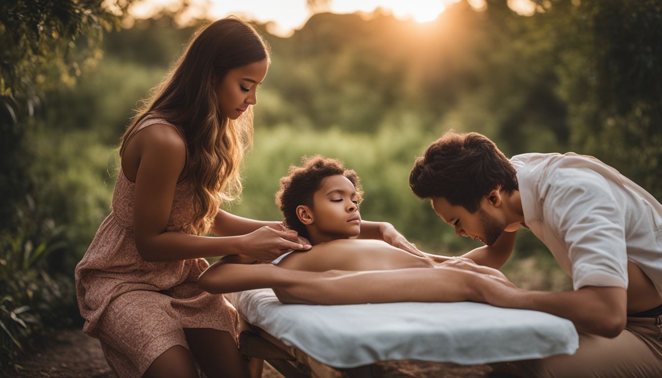 Dziecko otrzymuje relaksacyjny masaż na świeżym powietrzu w naturalnym otoczeniu.